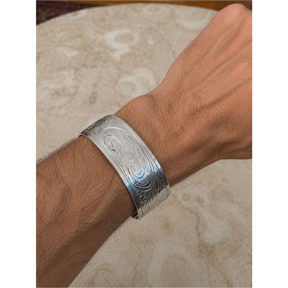 Handcrafted Sterling Silver Engraved Wide Cuff Bracelet | Scroll Design | 29.3g